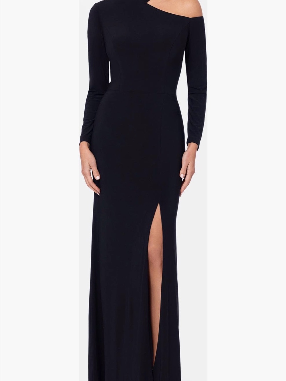 Xscape Black One-Shoulder Long Sleeve Gown with Side Slit